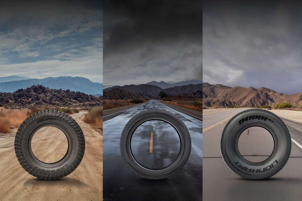 three column graphic of lionhart new tires with season background images